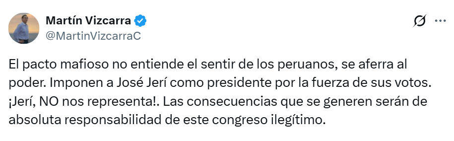 Martín Vizcarra after the appointment of José Jerí as president: "He does not represent us! The mafia pact clings to power"