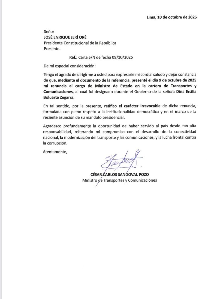 Minister of Transport and Communications presented his resignation to Dina Boluarte and José Jerí