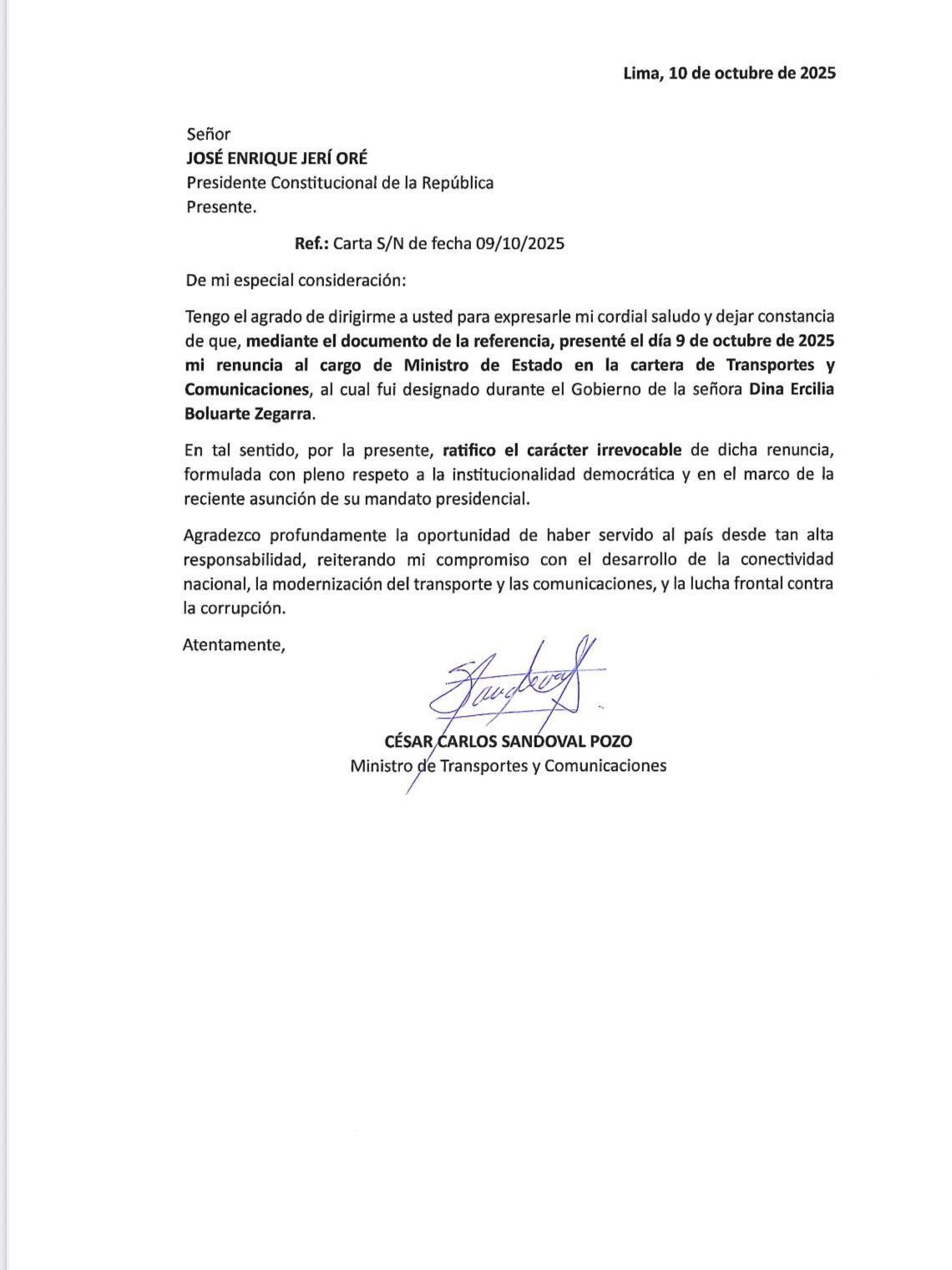 Minister of Transport and Communications presented his resignation to Dina Boluarte and José Jerí