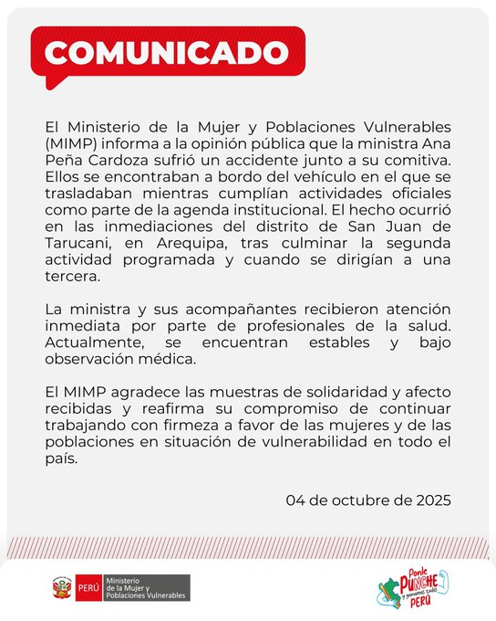 Minister of Women and her delegation suffer accident in Arequipa: they received medical attention and are under observation