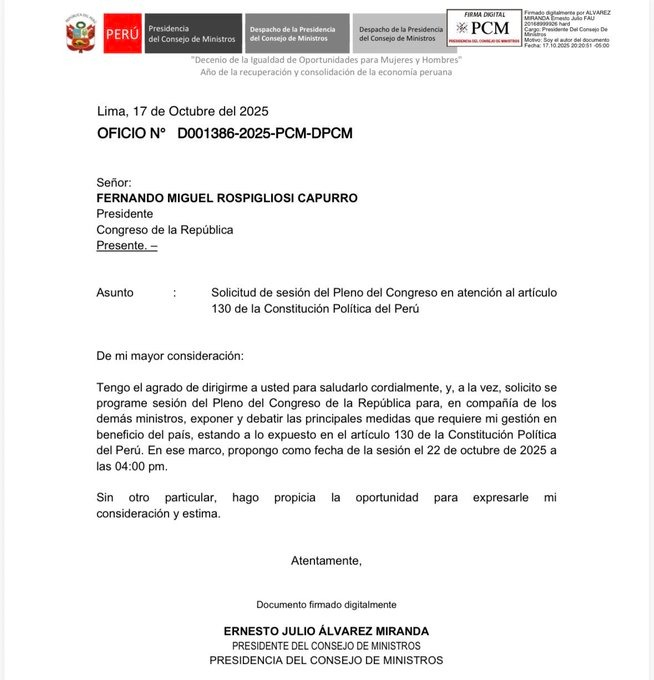 Prime Minister Ernesto Álvarez will request a vote of confidence from Congress on Wednesday, October 22