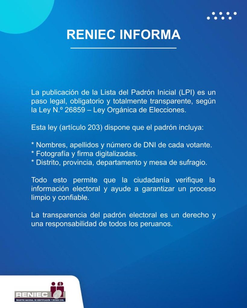 Reniec exposes personal data on the 2026 Election Registry website, but responds that it is legal