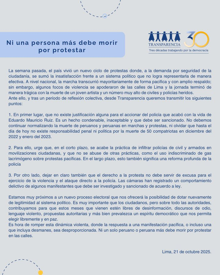 Transparency condemns murder of Eduardo Ruiz: "There is no justification for the PNP"