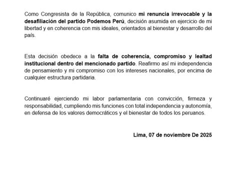 Congress: Kira Alcarraz reiterates her resignation from the Podemos Peru bench