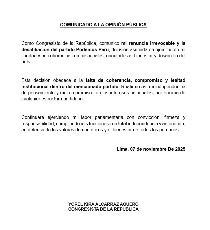 Congress: Kira Alcarraz reiterates her resignation from the Podemos Peru bench