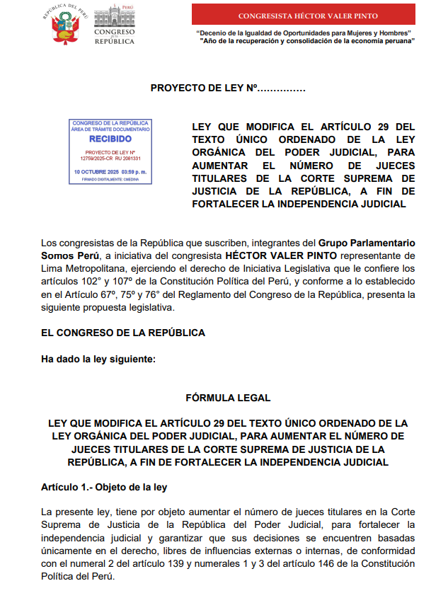 Congress seeks to modify the Organic Law of the Judiciary: it proposes increasing supreme judges from 20 to 59