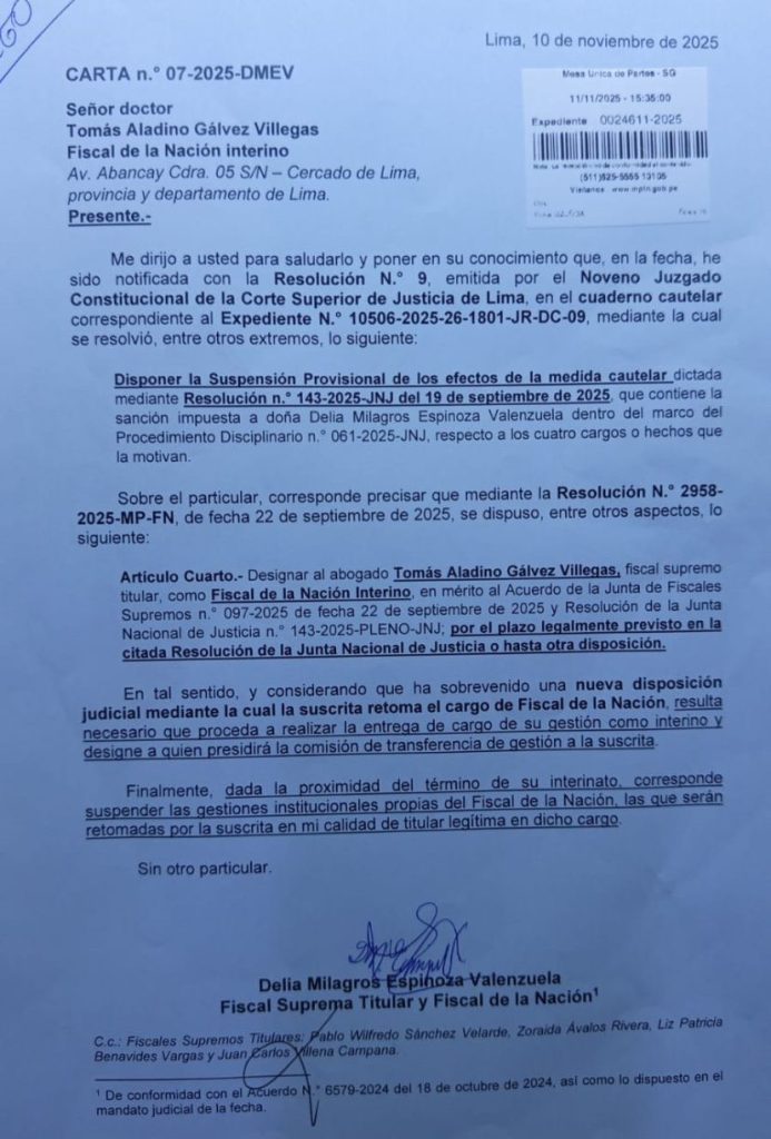 Delia Espinoza asks Tomás Gálvez to hand over the position of interim prosecutor of the Nation: "It is necessary to suspend the procedures"