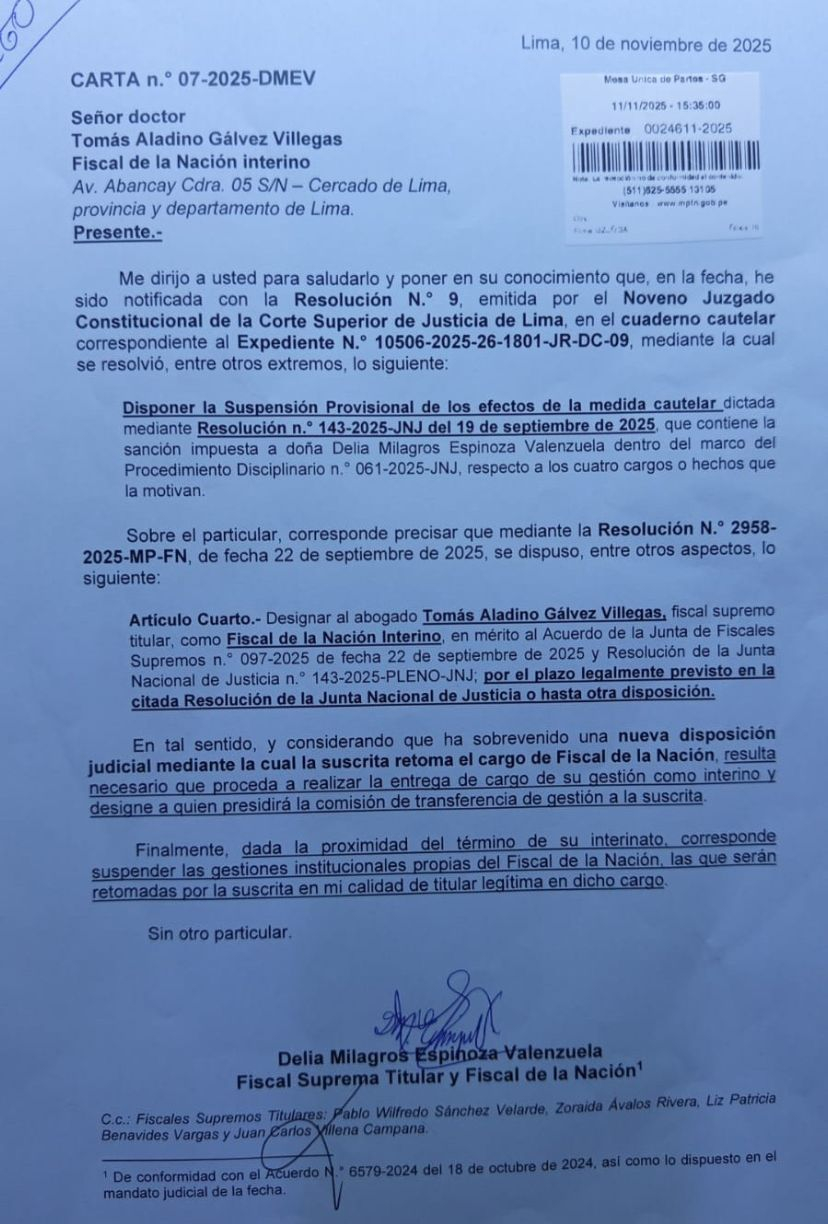 Delia Espinoza asks Tomás Gálvez to hand over the position of interim prosecutor of the Nation: "It is necessary to suspend the procedures"
