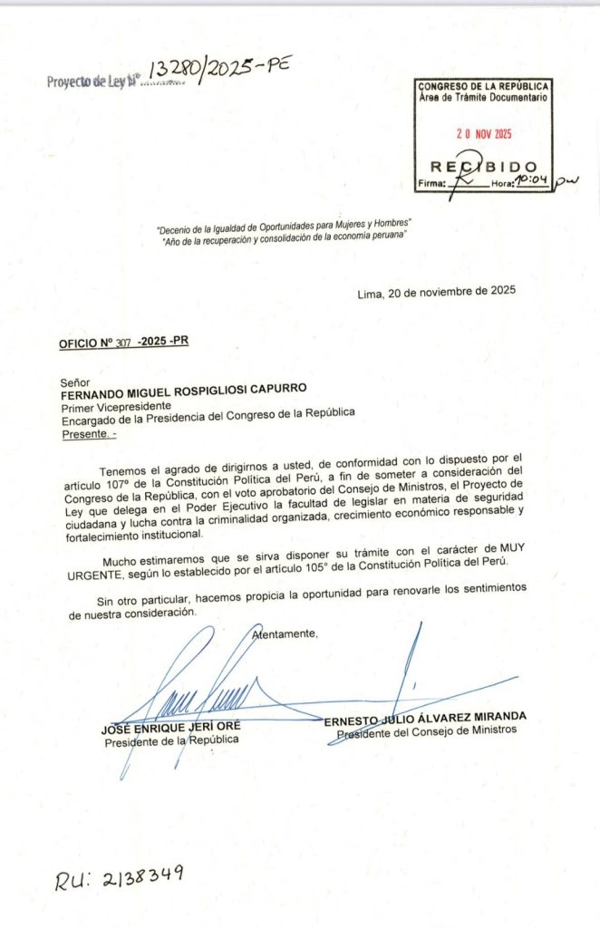 José Jerí presents a project for the Executive to legislate against citizen insecurity for a period of 60 days