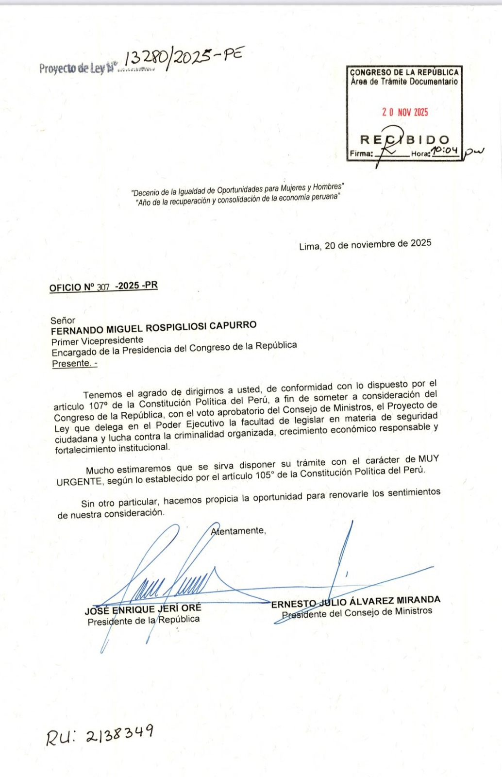 José Jerí presents a project for the Executive to legislate against citizen insecurity for a period of 60 days