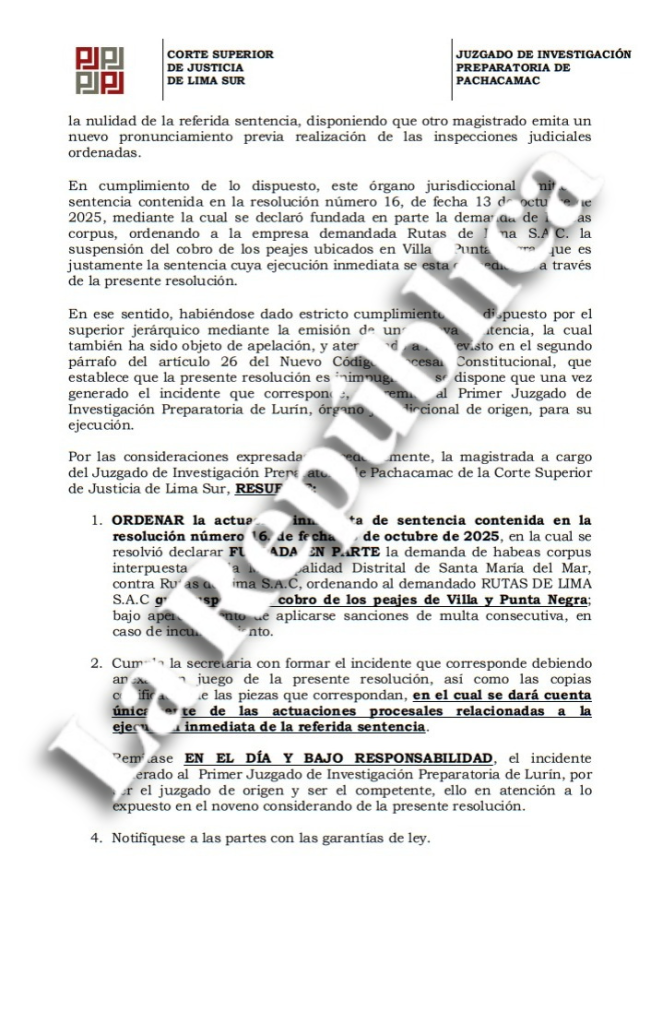 Judicial Power ratifies: Rutas de Lima must suspend toll collection in Villa and Punta Negra