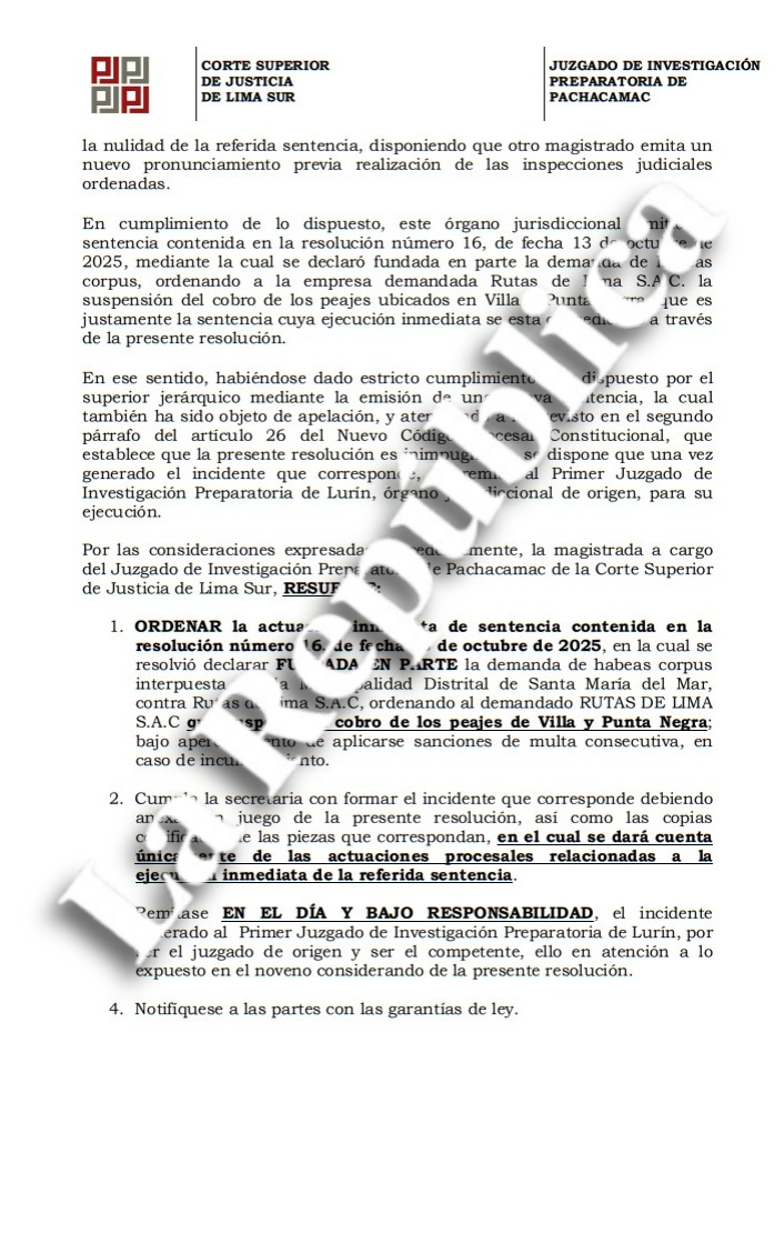 Judicial Power ratifies: Rutas de Lima must suspend toll collection in Villa and Punta Negra