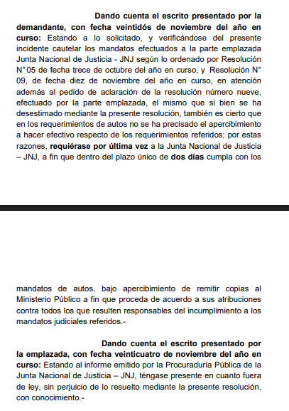 New resolution of the Judiciary grants two more days to the JNJ to replace Delia Espinoza as prosecutor of the Nation