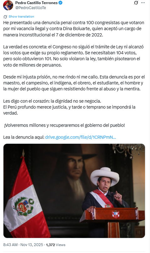 Pedro Castillo after denouncing 100 congressmen and Dina Boluarte: "They violated the law, they trampled the vote of Peruvians"
