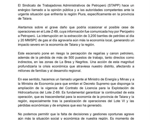 PetroPerú Union warns about cessation of operations in Talara: "It puts at risk the perception of royalties and oil canon"