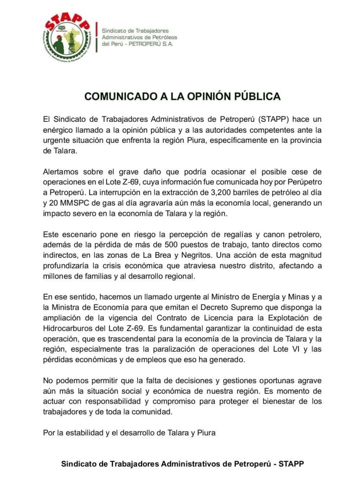 PetroPerú Union warns about cessation of operations in Talara: "It puts at risk the perception of royalties and oil canon"
