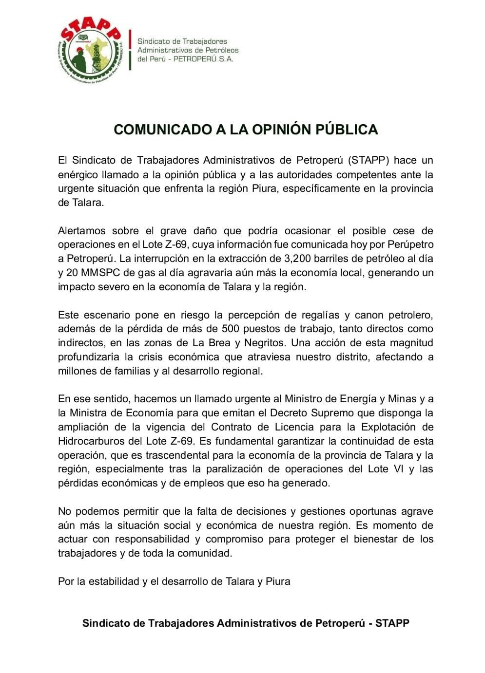 PetroPerú Union warns about cessation of operations in Talara: "It puts at risk the perception of royalties and oil canon"