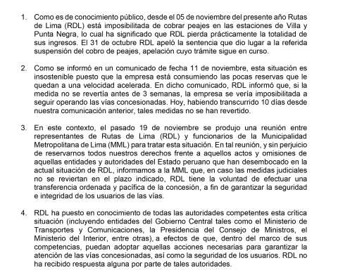 Rutas de Lima plans to hand over the concession of the roads to MML after judicial suspension of toll collection in Villa and Punta Negra