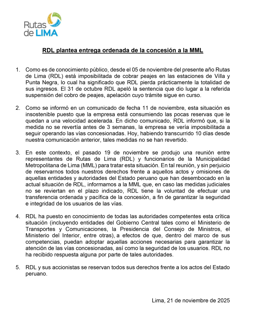 Rutas de Lima plans to hand over the concession of the roads to MML after judicial suspension of toll collection in Villa and Punta Negra
