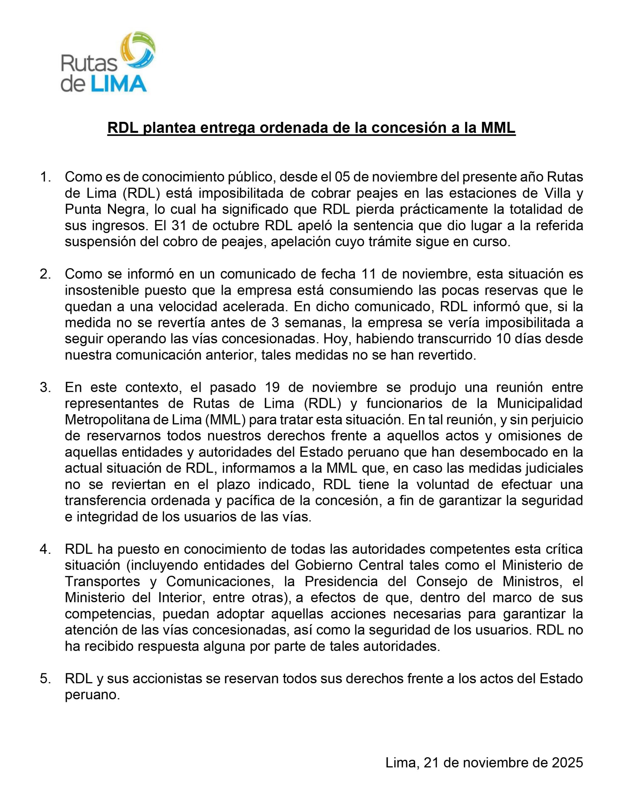 Rutas de Lima plans to hand over the concession of the roads to MML after judicial suspension of toll collection in Villa and Punta Negra