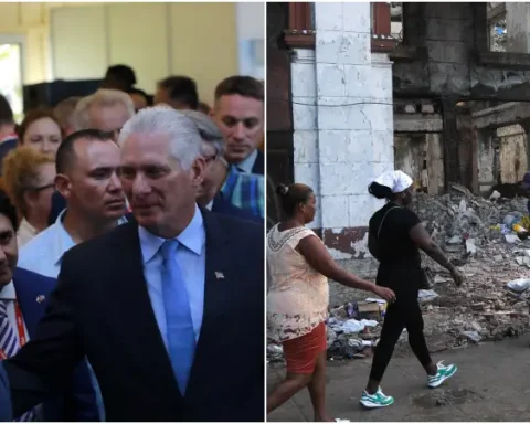 A la izquierda, Miguel Díaz-Canel inaugura FIHAV 2025 / A la derecha, cubanos caminan frente a un edificio en ruinas en La Habana