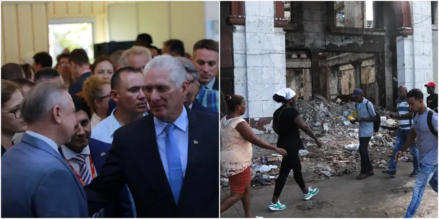 A la izquierda, Miguel Díaz-Canel inaugura FIHAV 2025 / A la derecha, cubanos caminan frente a un edificio en ruinas en La Habana