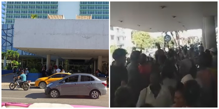 Concentración de cubanos en el hotel Habana Libre