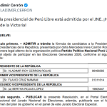 Elections 2026: JNE admits to processing the presidential plan of Peru Libre headed by fugitive Vladimir Cerrón
