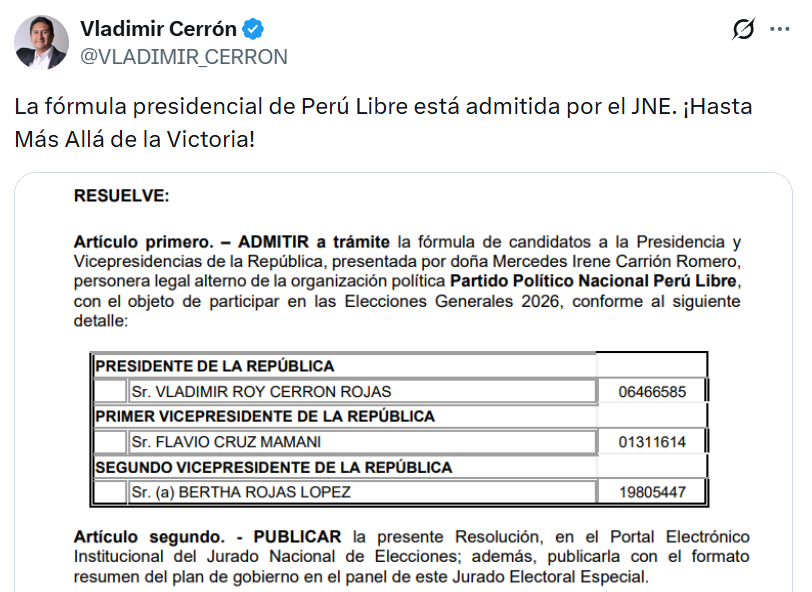 Elections 2026: JNE admits to processing the presidential plan of Peru Libre headed by fugitive Vladimir Cerrón