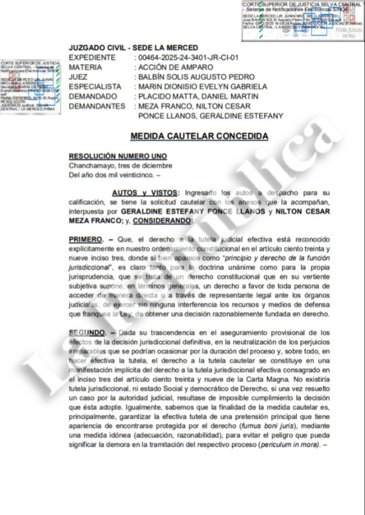 Resolution of the Civil Court of La Merced on an amparo action against the internal elections of Ahora Nación. Photo: The Republic