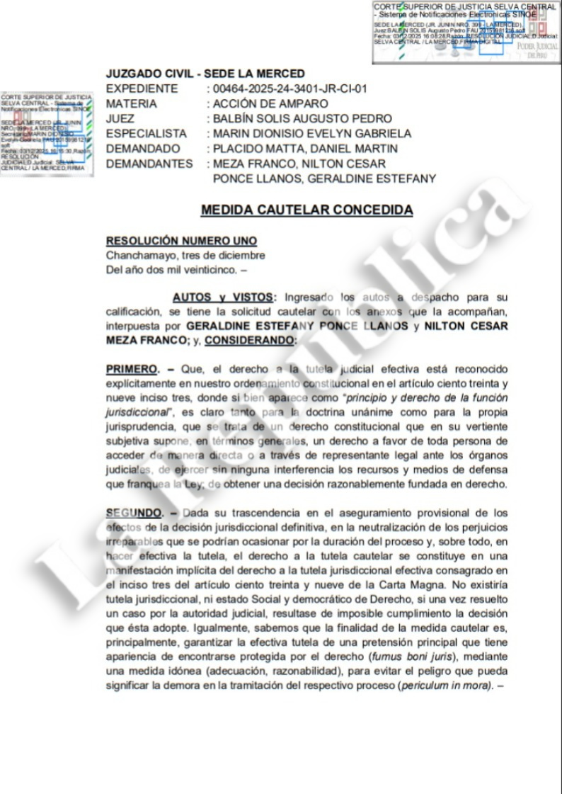 Resolution of the Civil Court of La Merced on an amparo action against the internal elections of Ahora Nación. Photo: The Republic