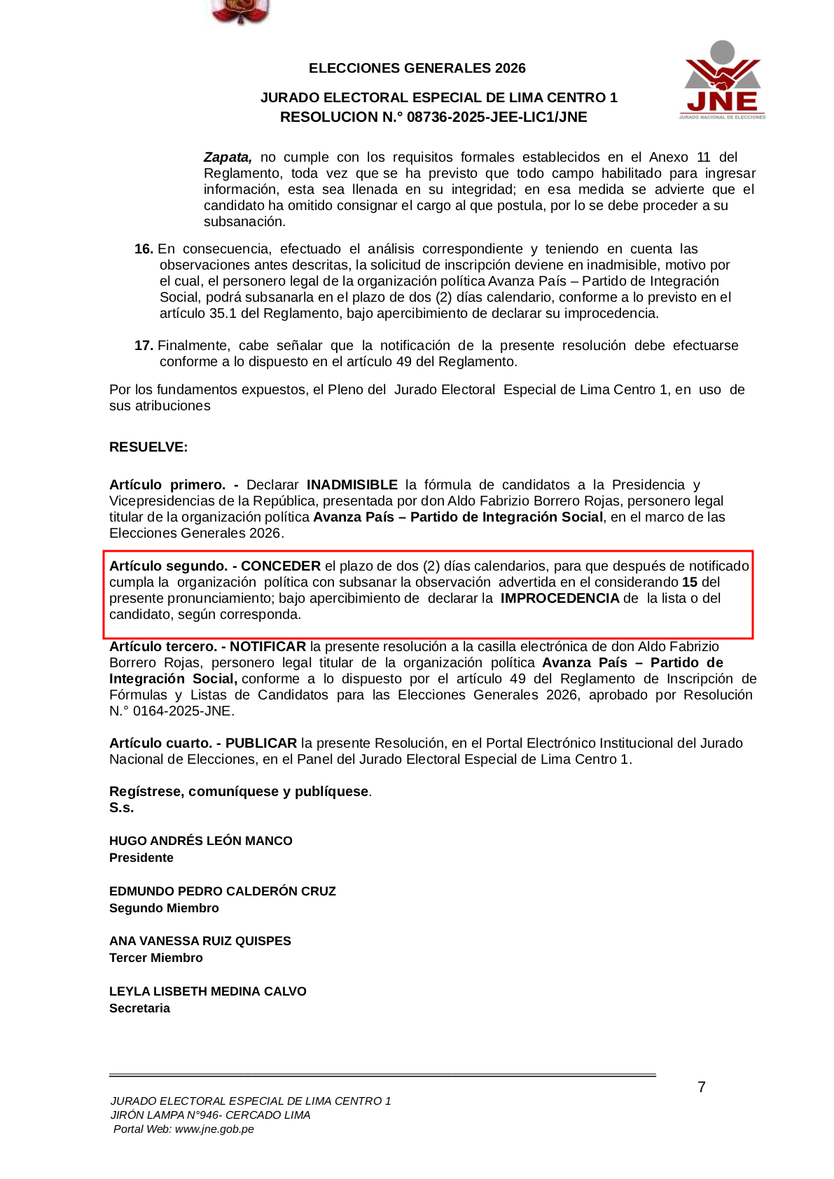 JEE declares Avanza País presidential formula inadmissible: party has 2 days to correct errors