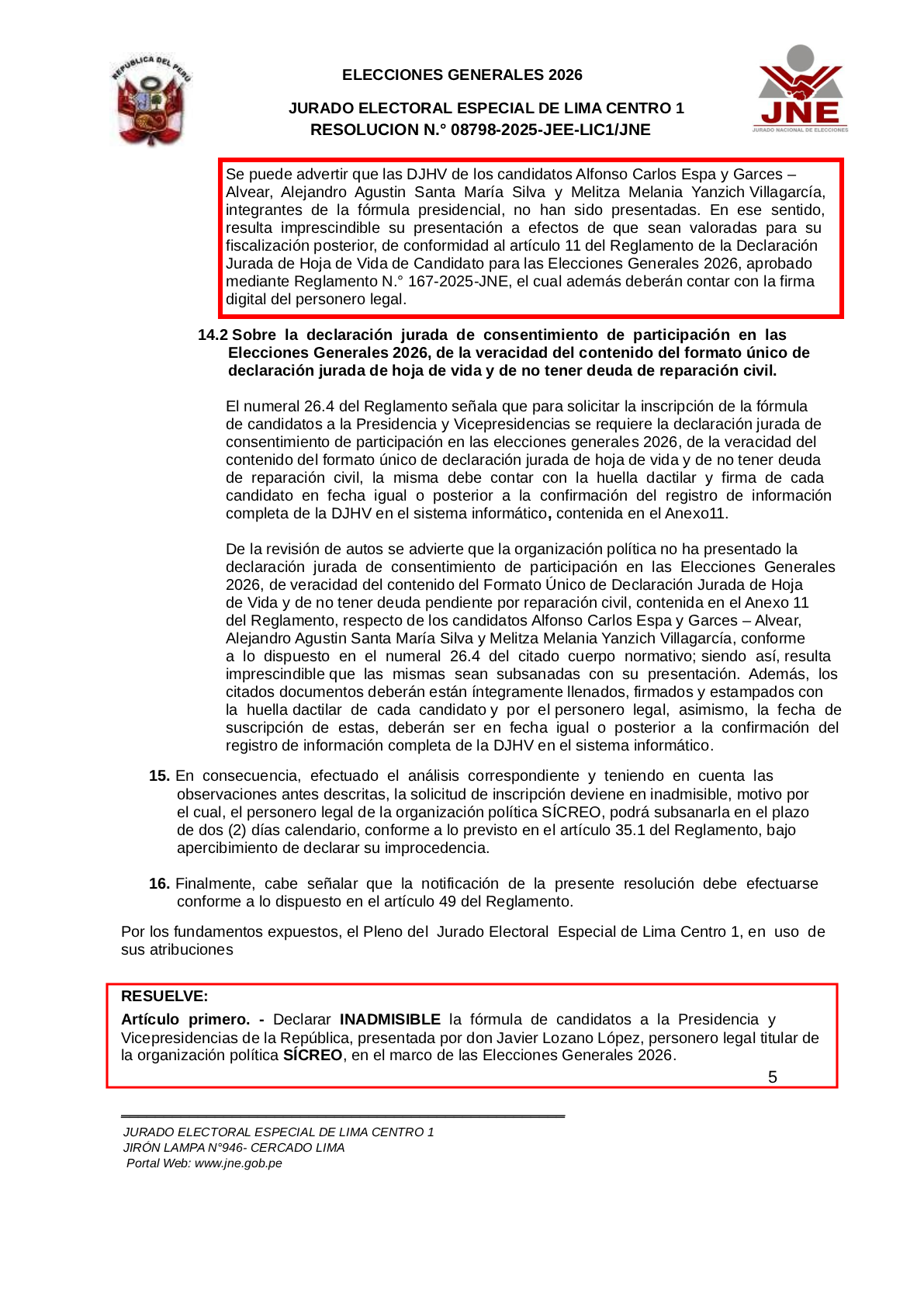 JEE declares Carlos Espá's presidential plan inadmissible: Yes, I believe he has two days to correct errors