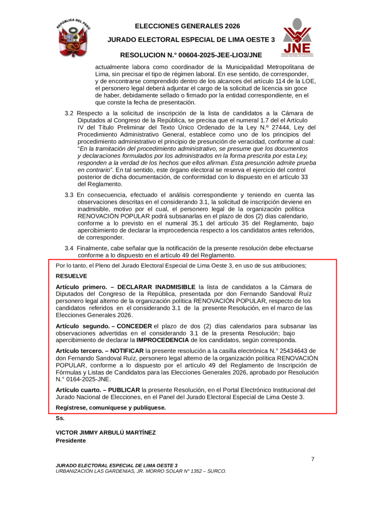JEE declares inadmissible list of Popular Renewal candidates to the Chamber of Deputies and Andean Parliament