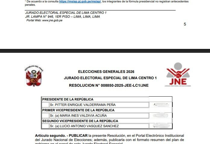 JNE admits APRA presidential plan led by Enrique Valderrama
