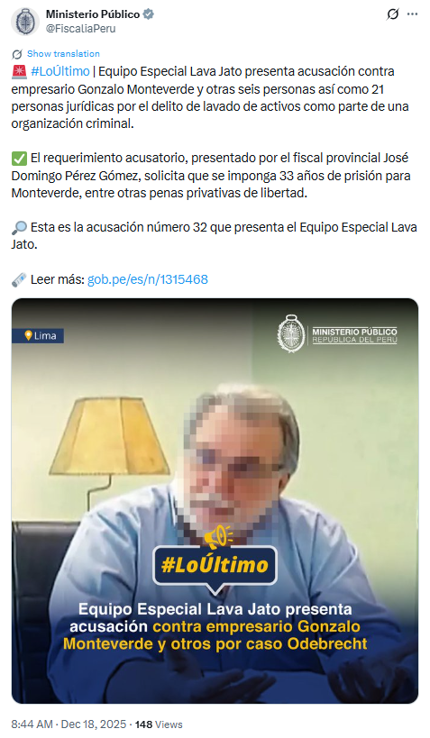 Odebrecht Case: Prosecutor's Office presents accusation against Gonzalo Monteverde for alleged money laundering