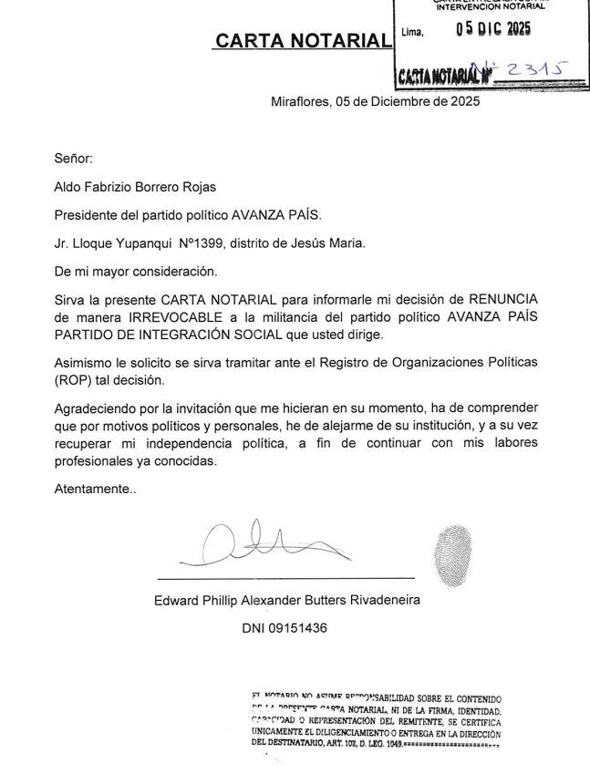 Phillip Butters resigns from his activism in Avanza País and his presidential candidacy falls