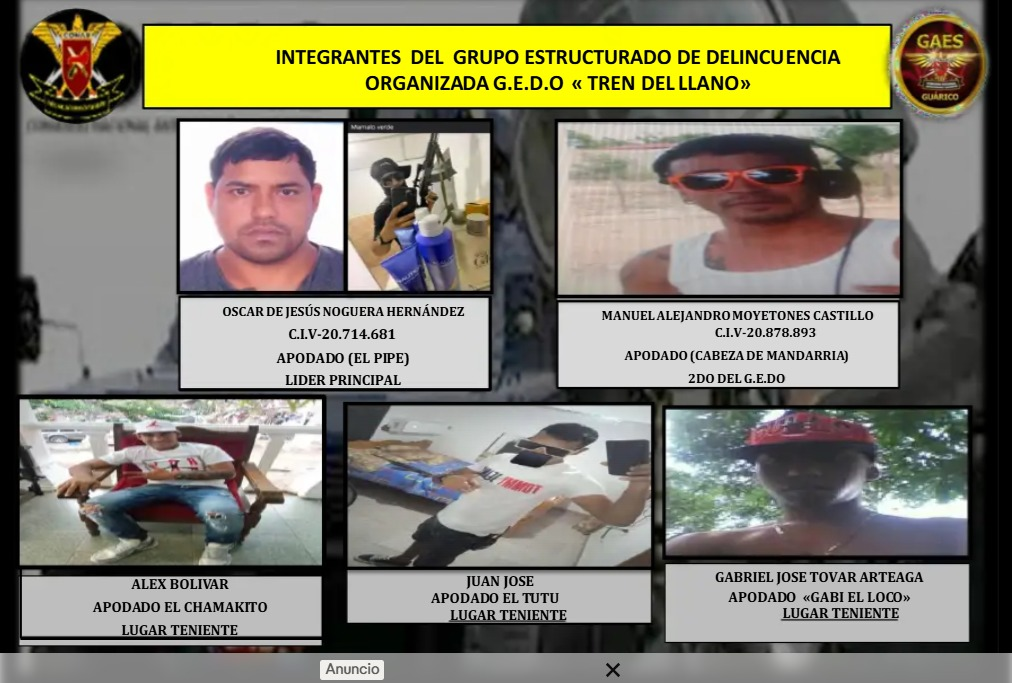 Second in command of the Tren del Llano and three criminal associates fell dead