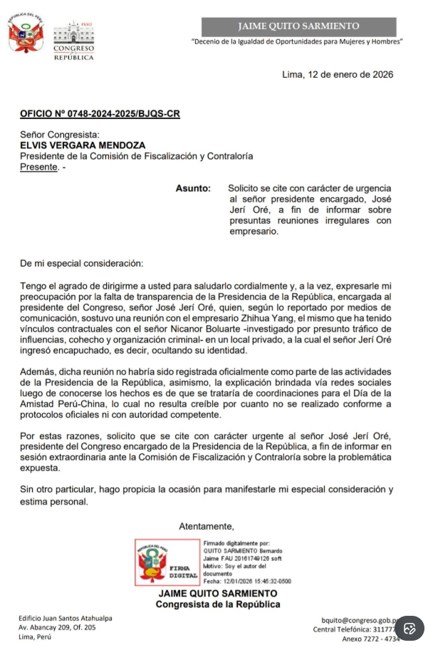 Congress: they ask to urgently summon Jerí for alleged irregular meetings with a Chinese businessman linked to Nicanor Boluarte