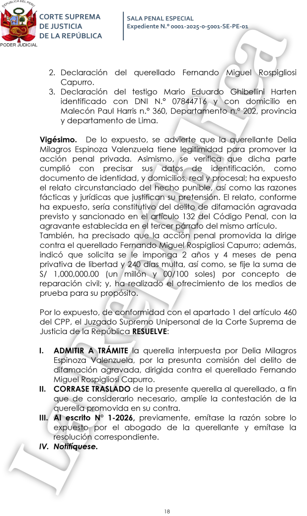 Delia Espinoza: Judiciary admits a complaint against Fernando Rospigliosi for defamation to be processed