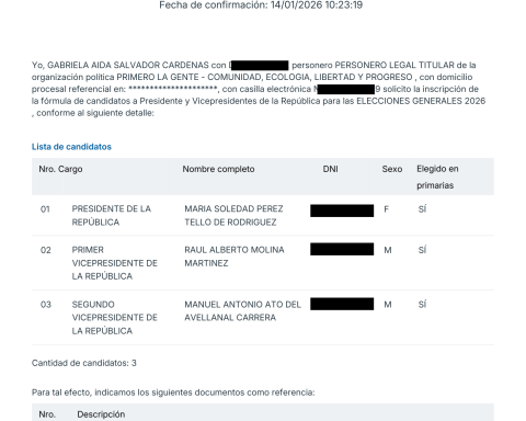 First, the People present to the JEE a request for registration of the presidential plan of Marisol Pérez Tello