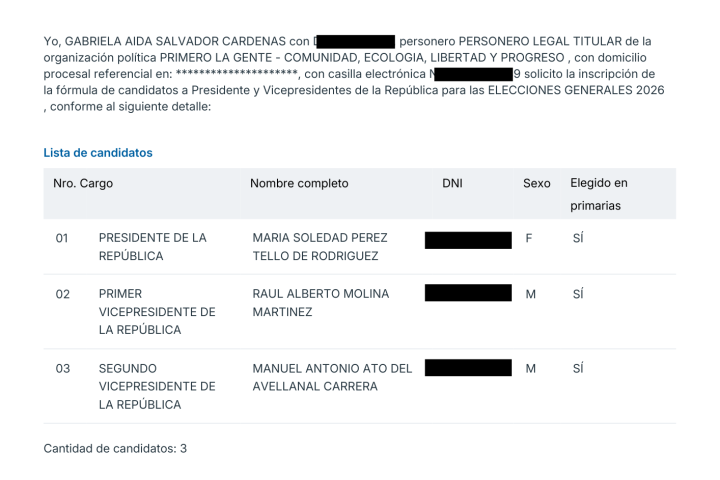 First, the People present to the JEE a request for registration of the presidential plan of Marisol Pérez Tello
