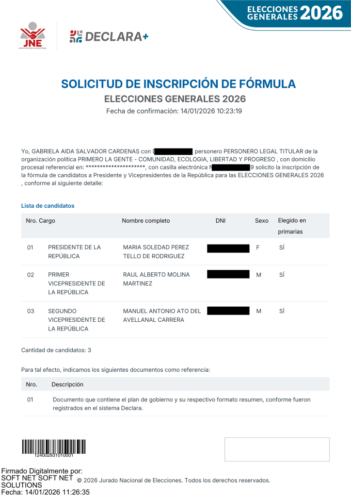 First, the People present to the JEE a request for registration of the presidential plan of Marisol Pérez Tello