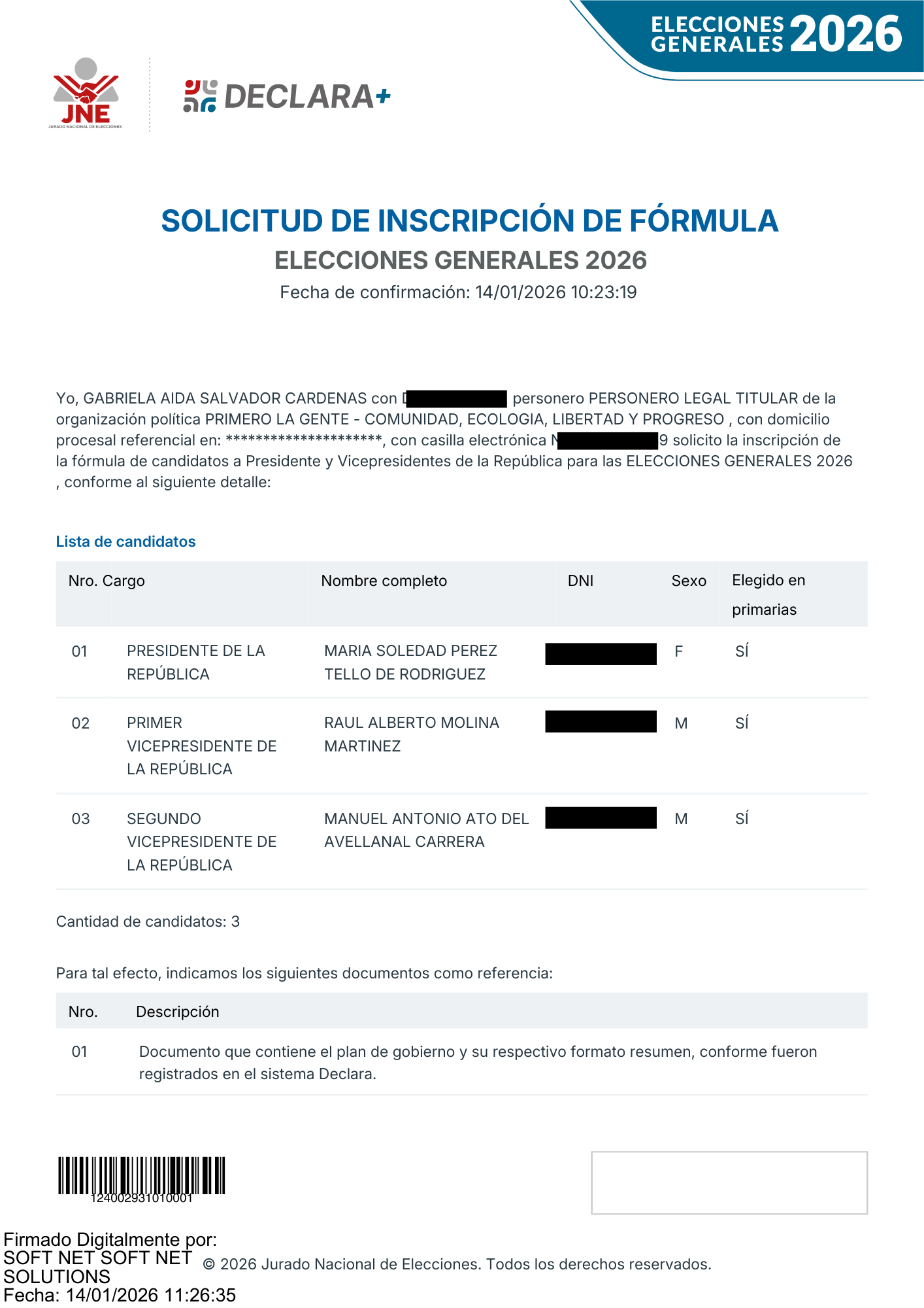 First, the People present to the JEE a request for registration of the presidential plan of Marisol Pérez Tello