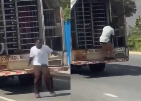 Haitians jump from a moving immigration truck