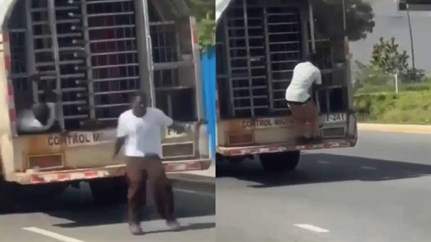 Haitians jump from a moving immigration truck