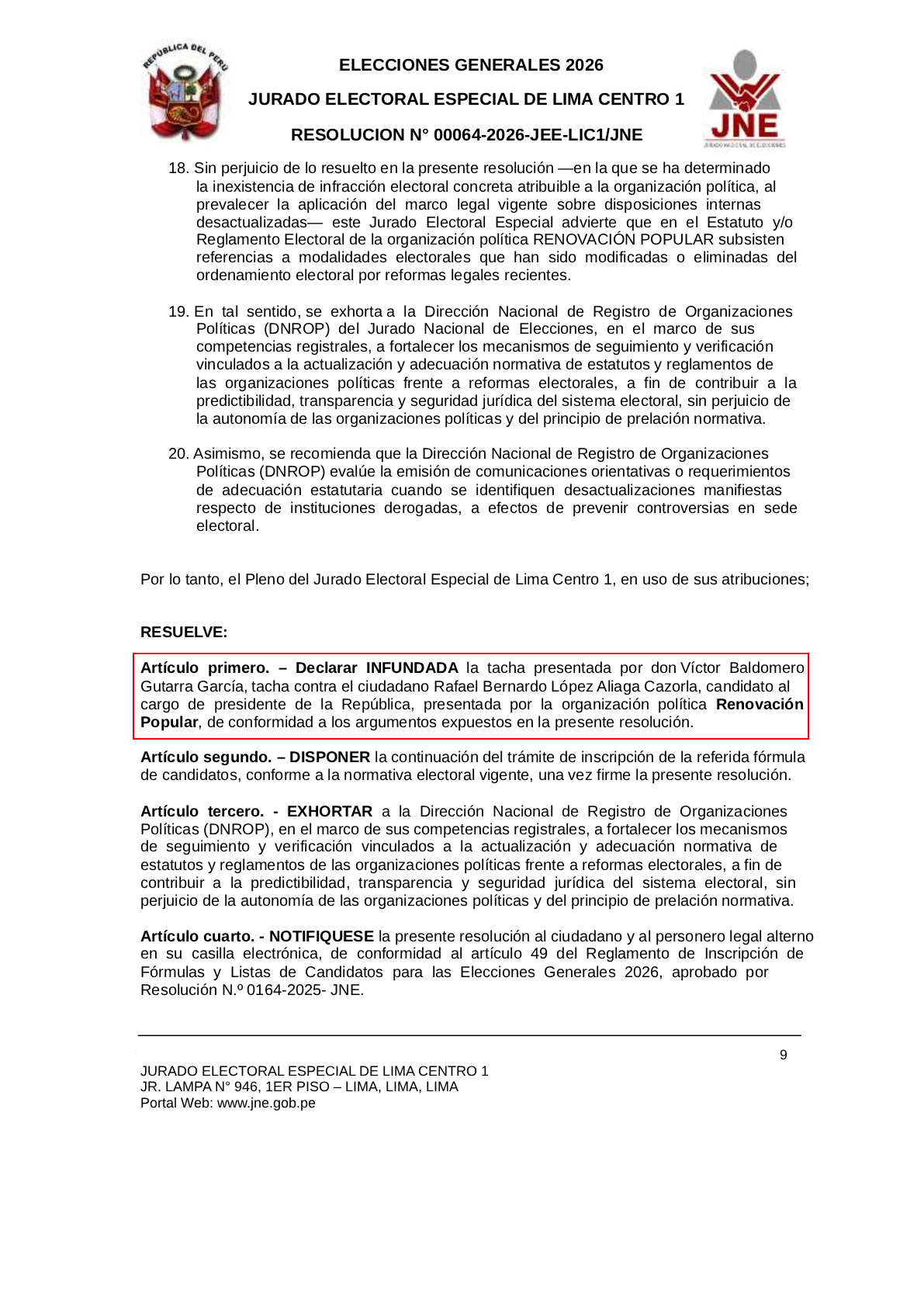 JEE cleans Rafael López Aliaga: they reject blemishes against the Popular Renewal candidate