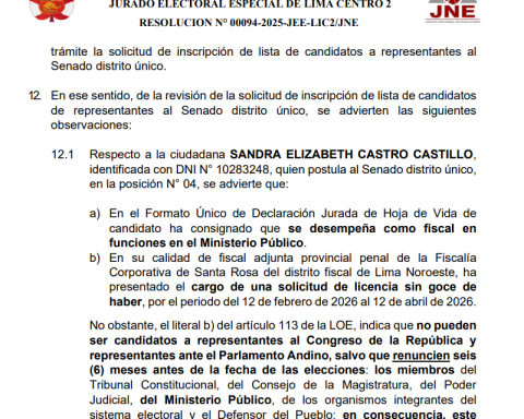 JEE declares inadmissible candidacy of former prosecutor Sandra Castro for not resigning within the established period