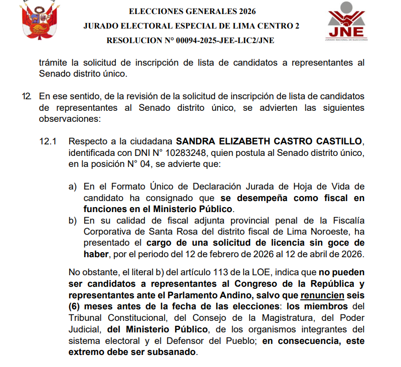 JEE declares inadmissible candidacy of former prosecutor Sandra Castro for not resigning within the established period