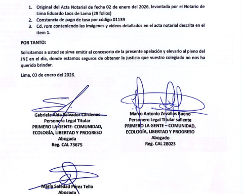 JNE will evaluate the appeal of the Primero La Gente party against the resolution that rejected registration of its plank